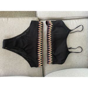 Fanuerg Women's Black Multicolor Bikini Set Standard L Ribbed Two-Piece Swimwear